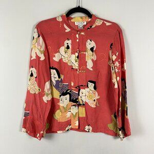Citron Santa Monica Silk Blouse Medium Multicolor Asian Print Knit Buttons
